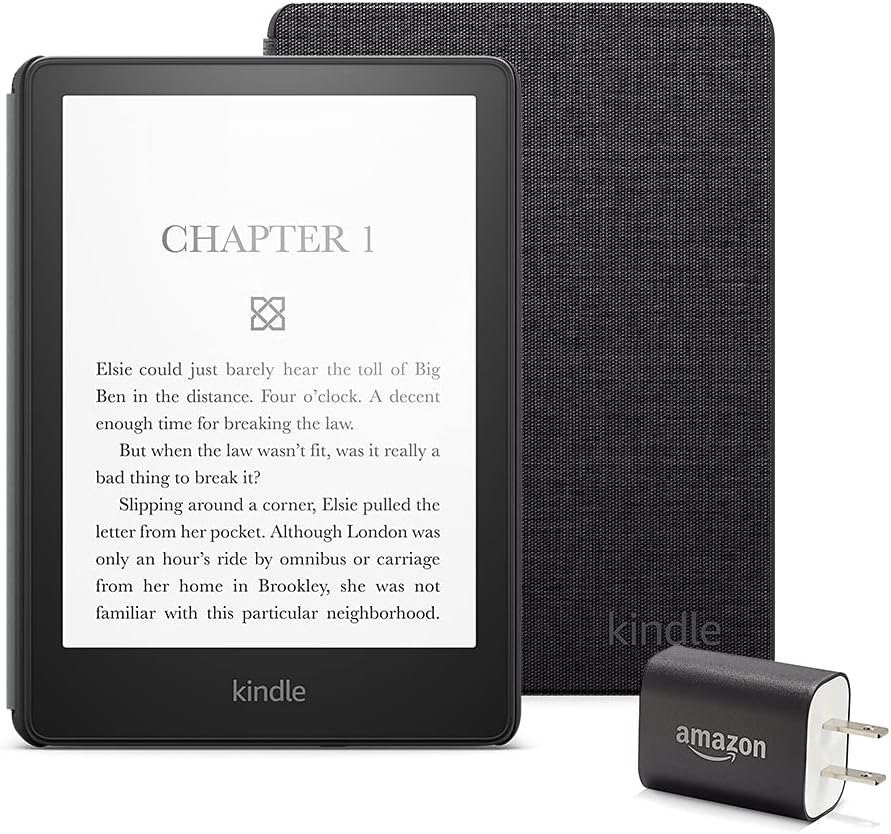 Kindle Paperwhite Essentials Bundle including Kindle Paperwhite - Wifi, Ad-supported, Amazon Fabric Cover, and Power Adapter