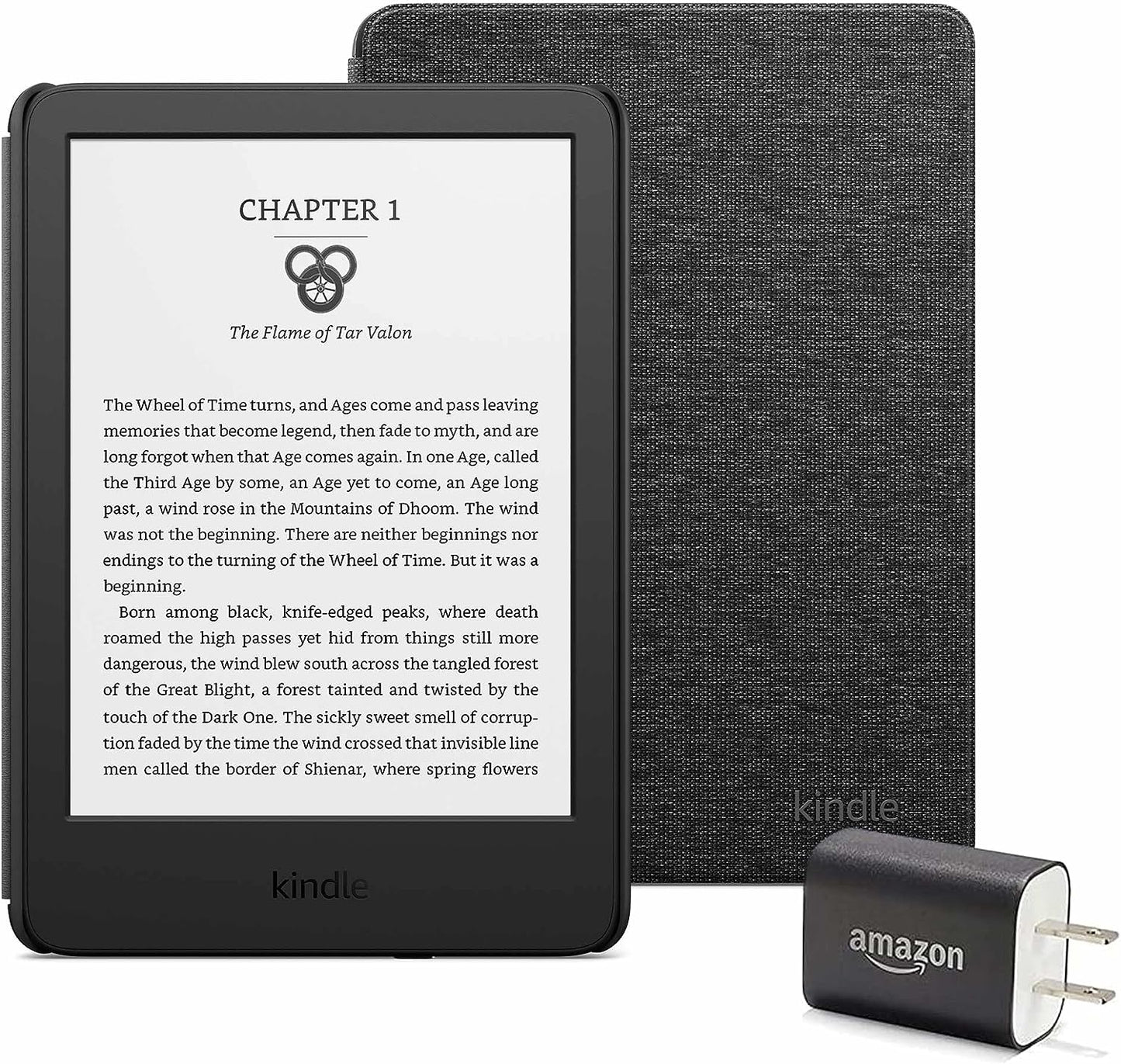 Kindle Essentials Bundle including Kindle (2022 release) - Black - Without Lockscreen Ads, Fabric Cover - Rose, and Power Adapter