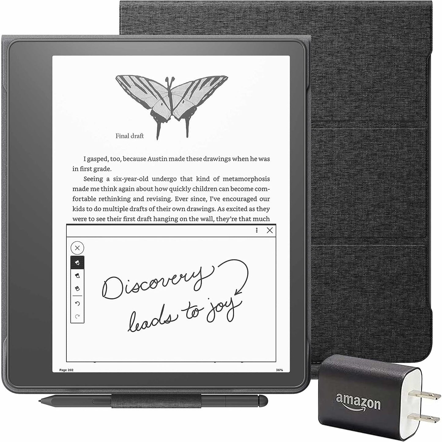 Kindle Scribe Essentials Bundle including Kindle Scribe (64 GB), Premium Pen, Fabric Folio Cover with Magnetic Attach - Rose, and Power Adapter