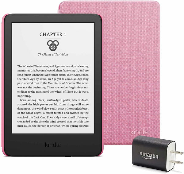 Kindle Essentials Bundle including Kindle (2022 release) - Black - Without Lockscreen Ads, Fabric Cover - Rose, and Power Adapter