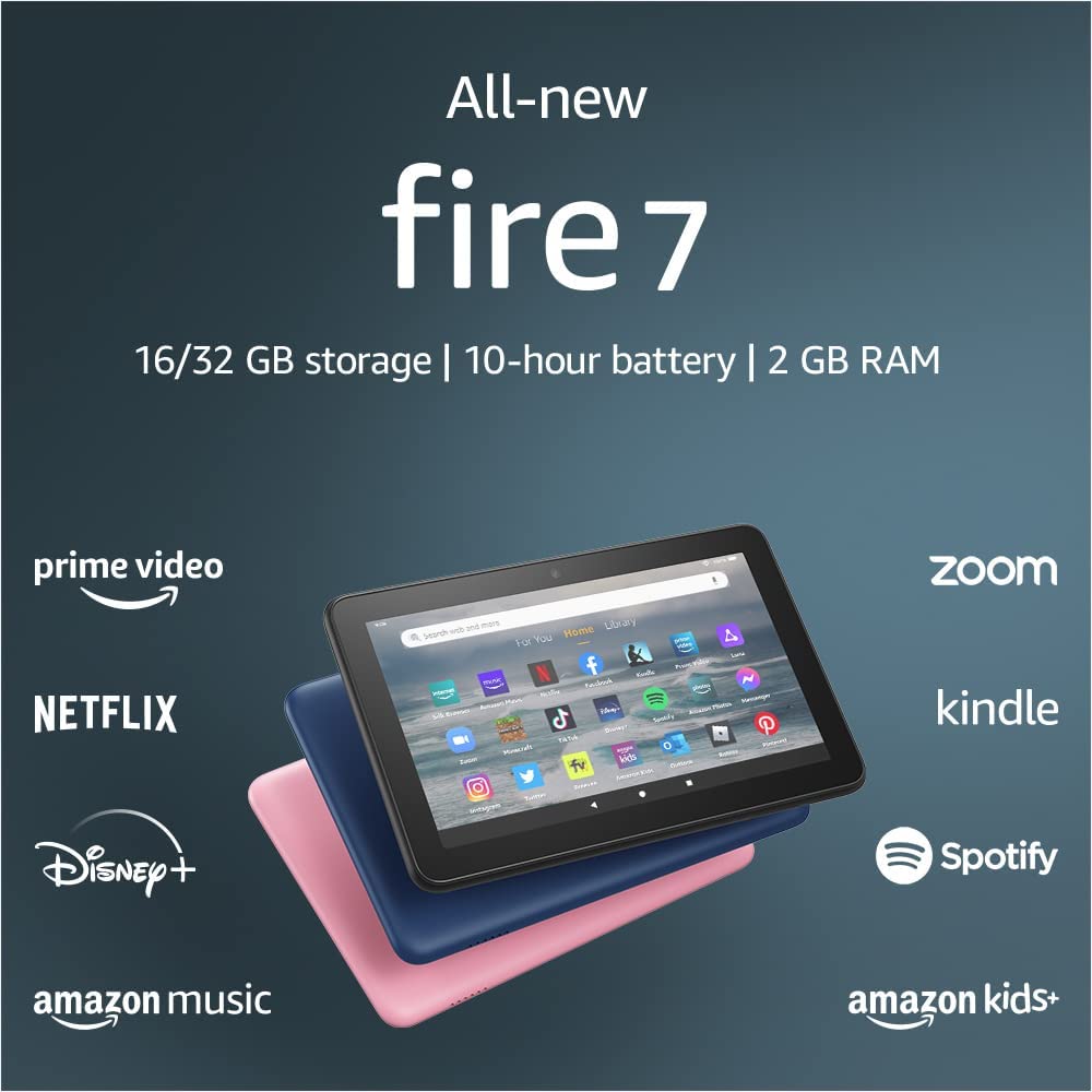 All-new Fire 7 tablet, 7” display, latest model (2022 release), Black, without lockscreen ads